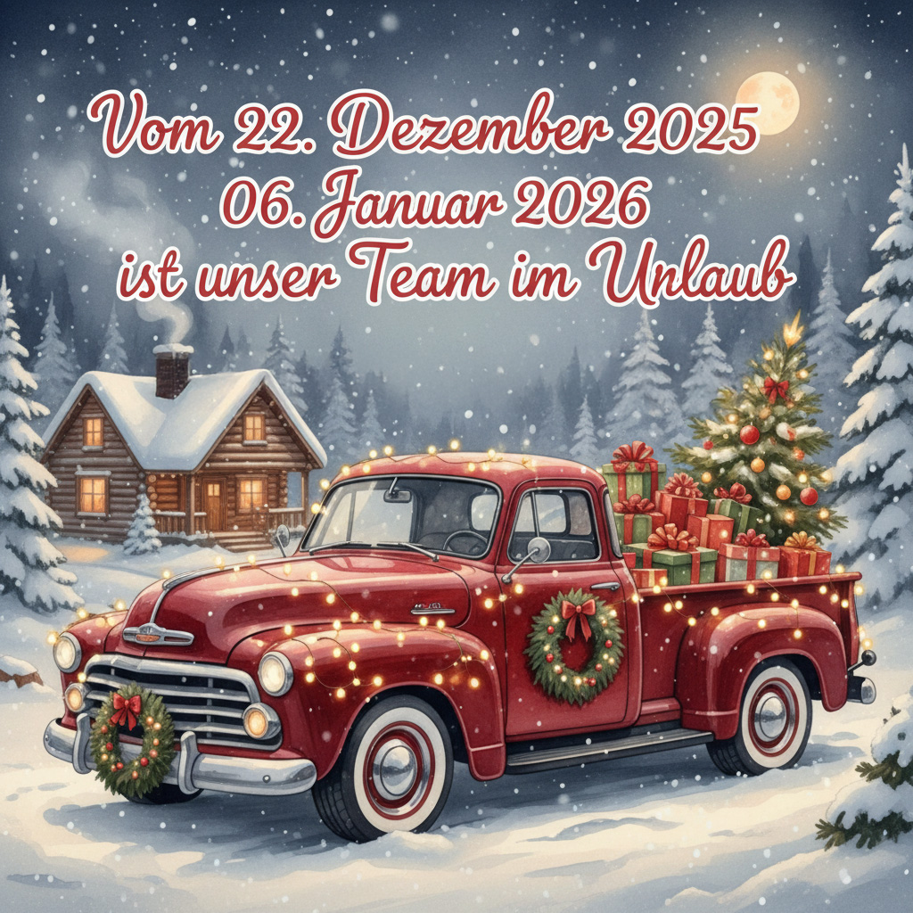 Vom 22. Dezember 2025 – 06. Januar 2026 ist unser Team im Urlaub. Ab dem 7. Januar sind wir wieder für Sie da.